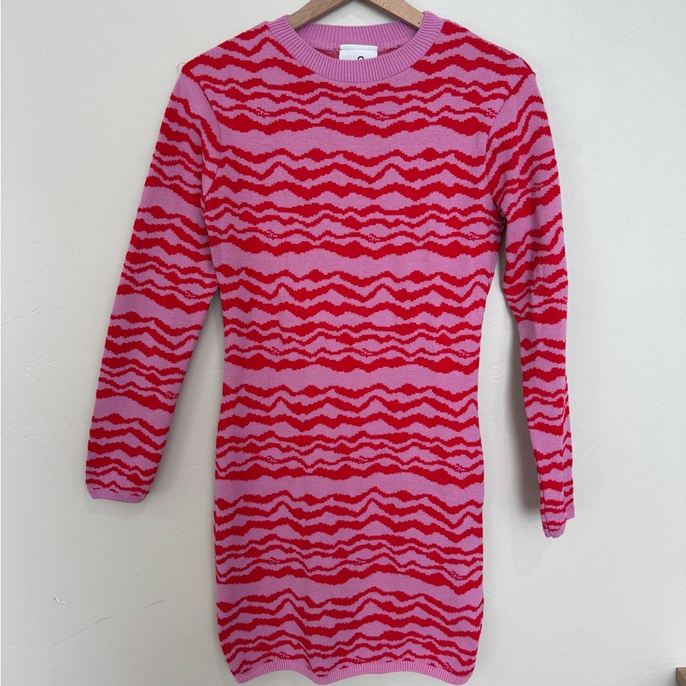 Collusion‎ Pink and Red Wavy Knit Sweater Dress Size 10 Long Sleeve Bodycon Mini